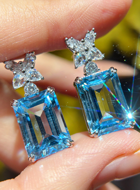 VISING珠宝天然海蓝宝色托帕石20克拉耳环耳坠耳全净体