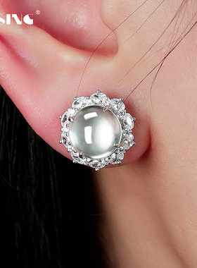 VISING天然玻璃种石英质玉水沫玉白月光小钢炮封底鸽子蛋耳钉