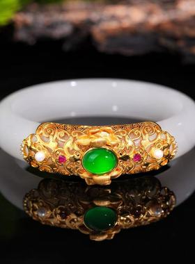 VISING珠宝天然石英质玉金丝玉复古绿玉髓珍珠国风手镯