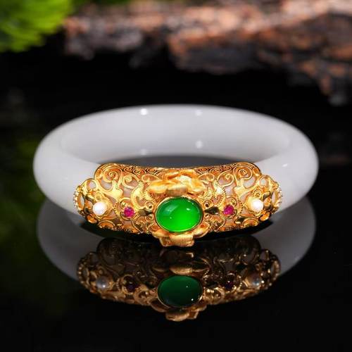 VISING珠宝天然石英质玉金丝玉复古绿玉髓珍珠国风手镯