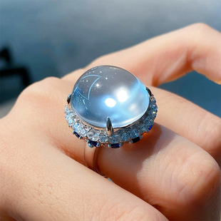 VISING天然玻璃种石英质玉水沫蓝宝石鸽子蛋戒指手饰媲美翡翠
