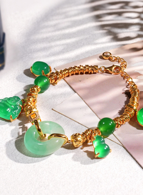 VISING马料绿玉髓天然独龙玉非洲翠腰缠万贯金盘缠手链手饰