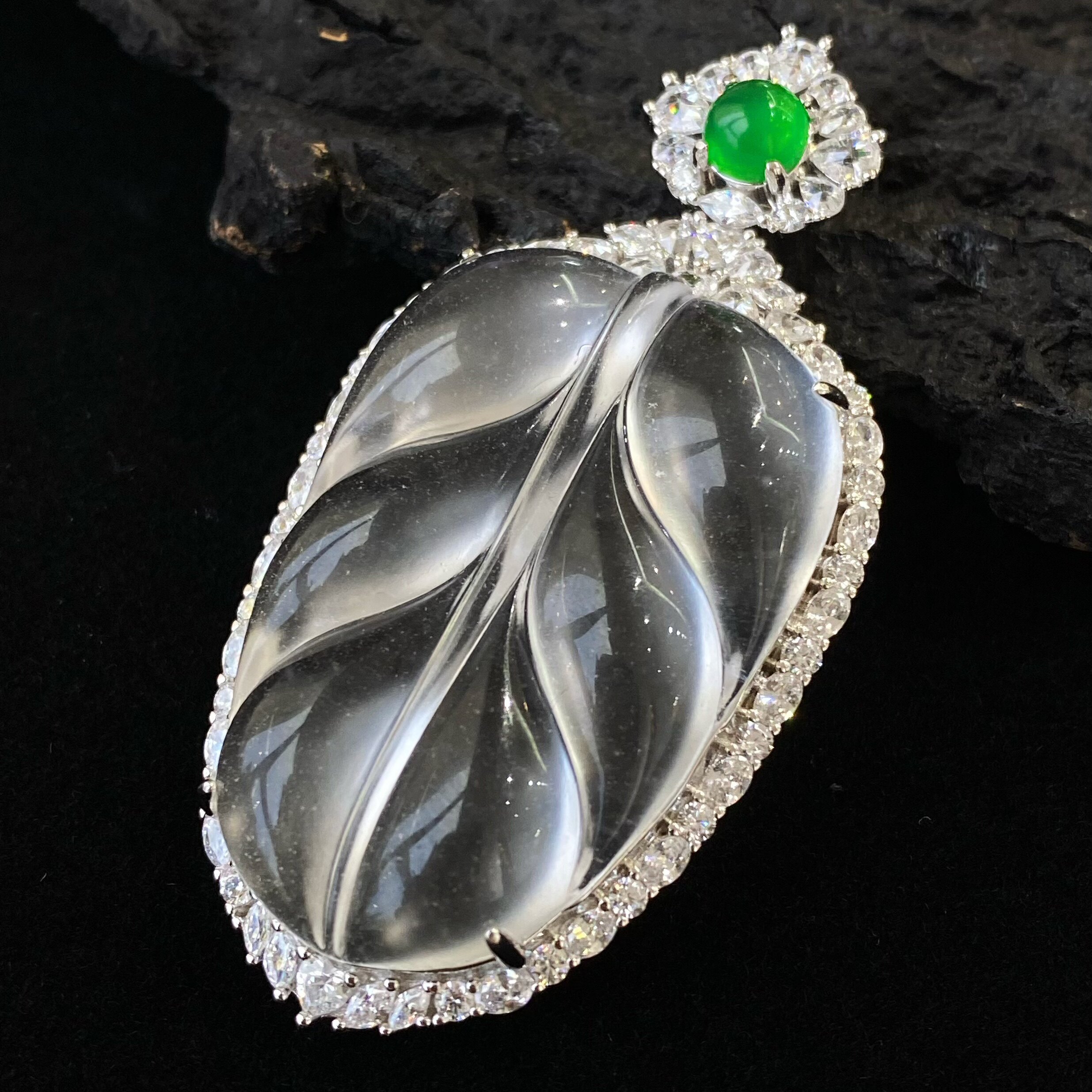 VISING天然玻璃种石英质玉水沫玉巨大树叶吊坠项链媲美翡翠