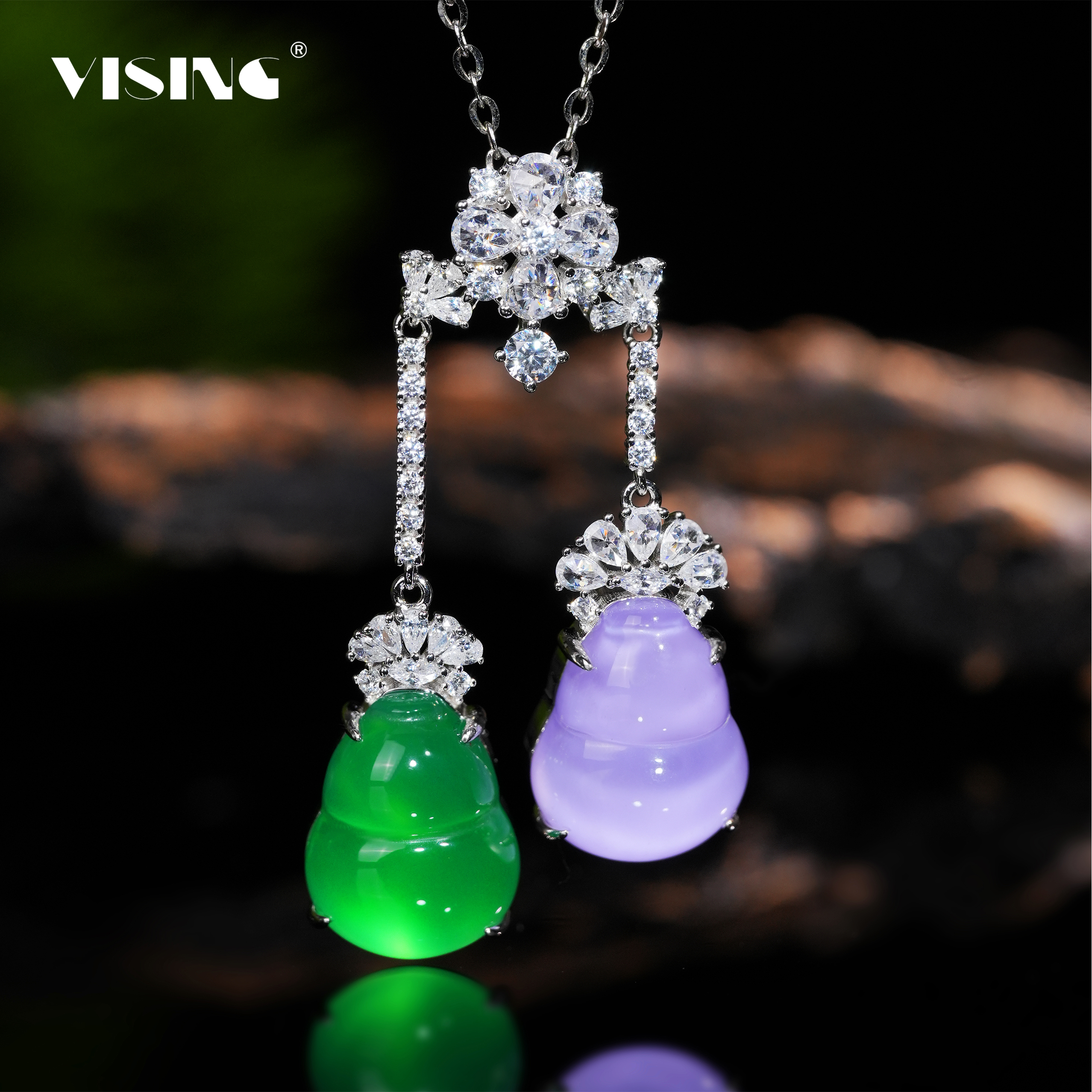 VISING天然绿玉髓垫色水沫玉绿色紫色紫罗兰葫芦福禄双收吊坠项链