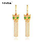 VISING珠宝培育红宝石 国检 醒狮流苏耳环耳坠耳饰黄金色S925银