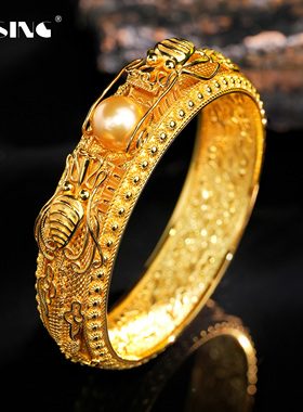 VISING珠宝【双龙戏珠】传世手镯S925银花丝镶嵌镯子重磅艺术品