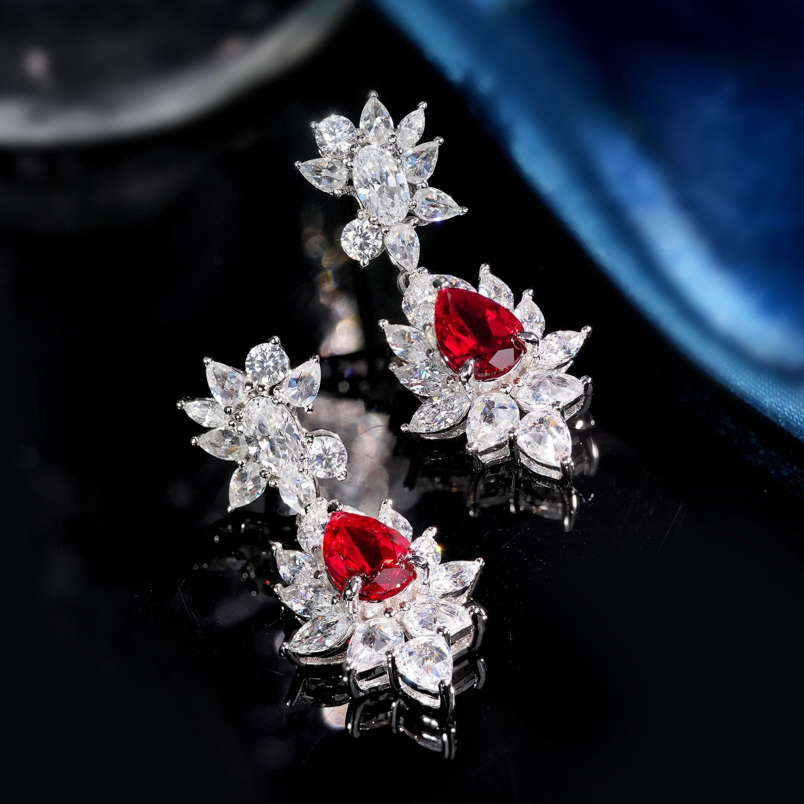 VISING培育红宝石鸽血红水滴梨形耳环耳坠【AGL国际证】S925银