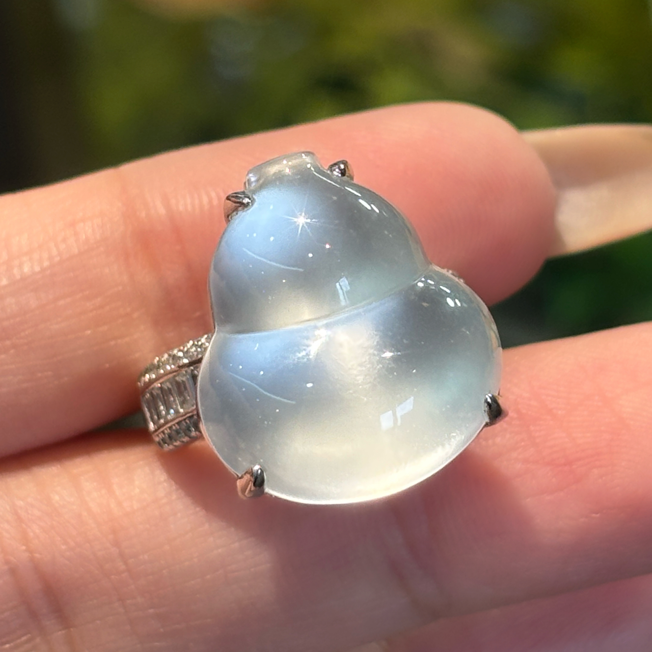 VISING珠宝天然石英质玉水沫玉水沫子白冰大葫芦戒指鸽子蛋指环