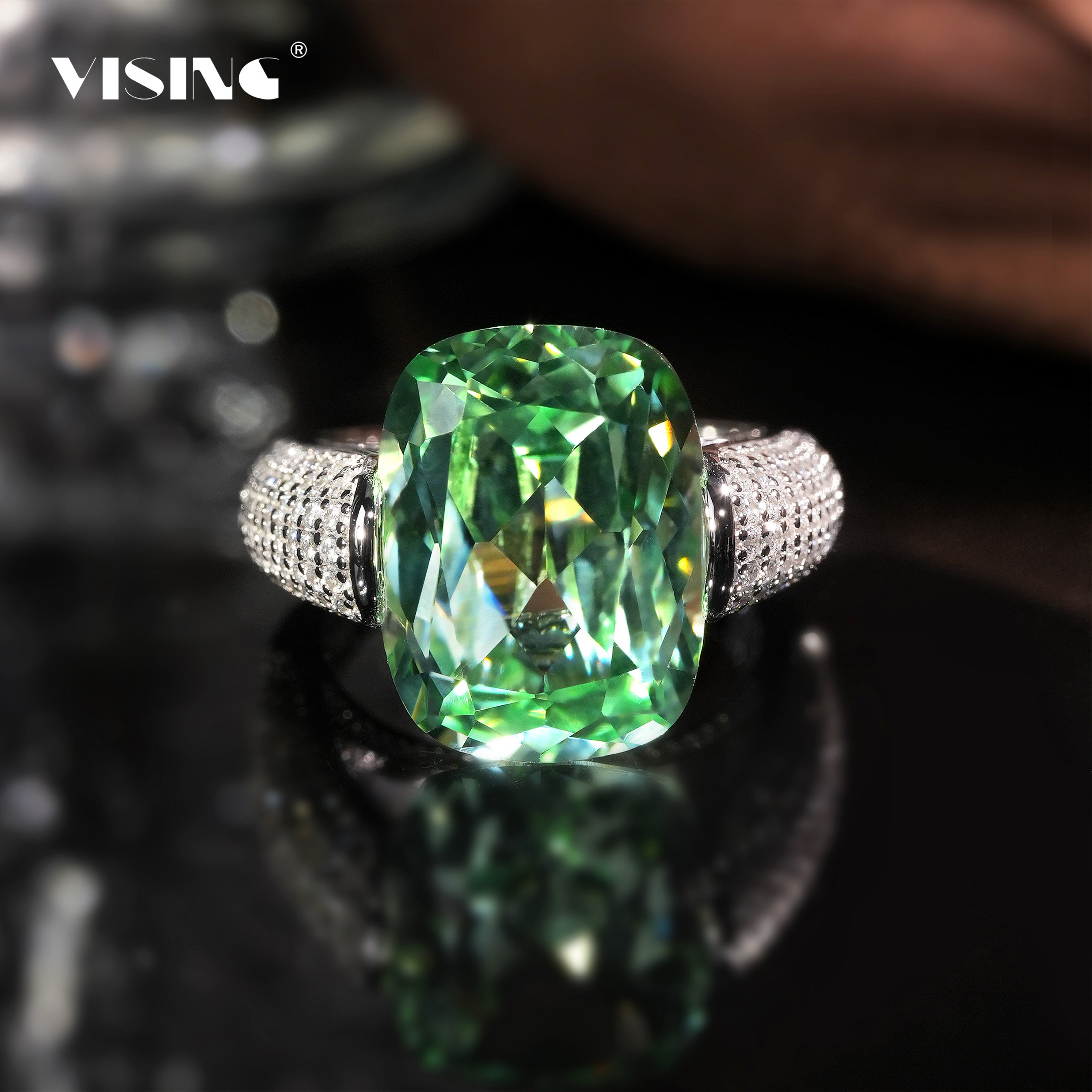 VISING培育绿色蓝宝石薄荷绿碧玺色13ct鸽子蛋戒指S925银【国检】