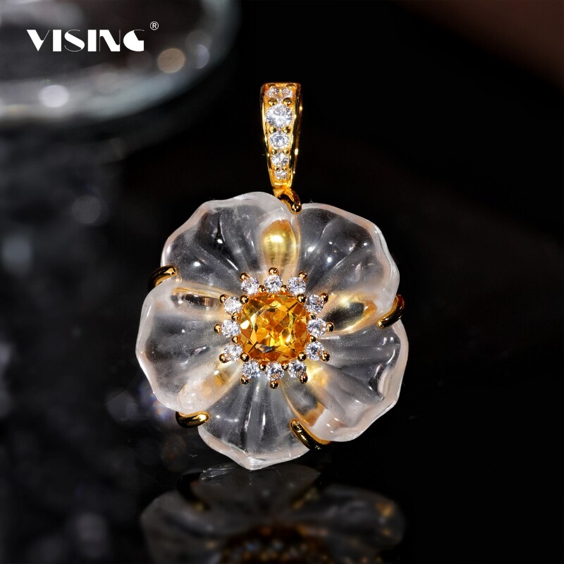 VISING珠宝天然白水晶黄水晶山茶花吊坠项链锁骨链S925银镀金