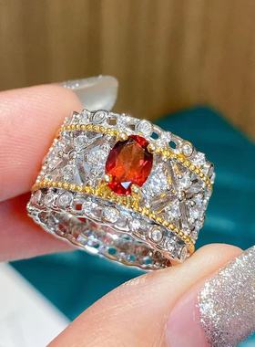 VISING天然红色石榴石蕾丝工艺戒指宫廷风S925银