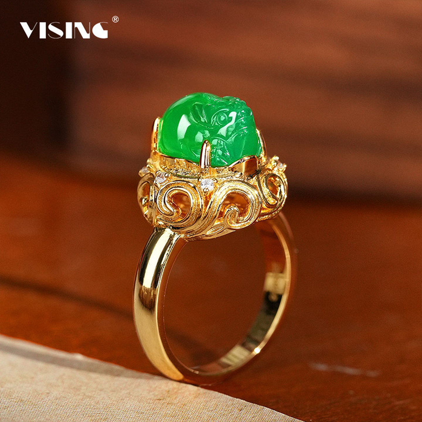 VISING珠宝马料绿玉髓玛瑙貔貅戒指手饰925国风媲美翡翠