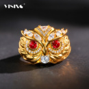 VISING珠宝黄金色猫头鹰培育红宝石戒指手工镶钻S925