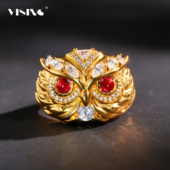 VISING珠宝黄金色猫头鹰培育红宝石戒指手工镶钻S925
