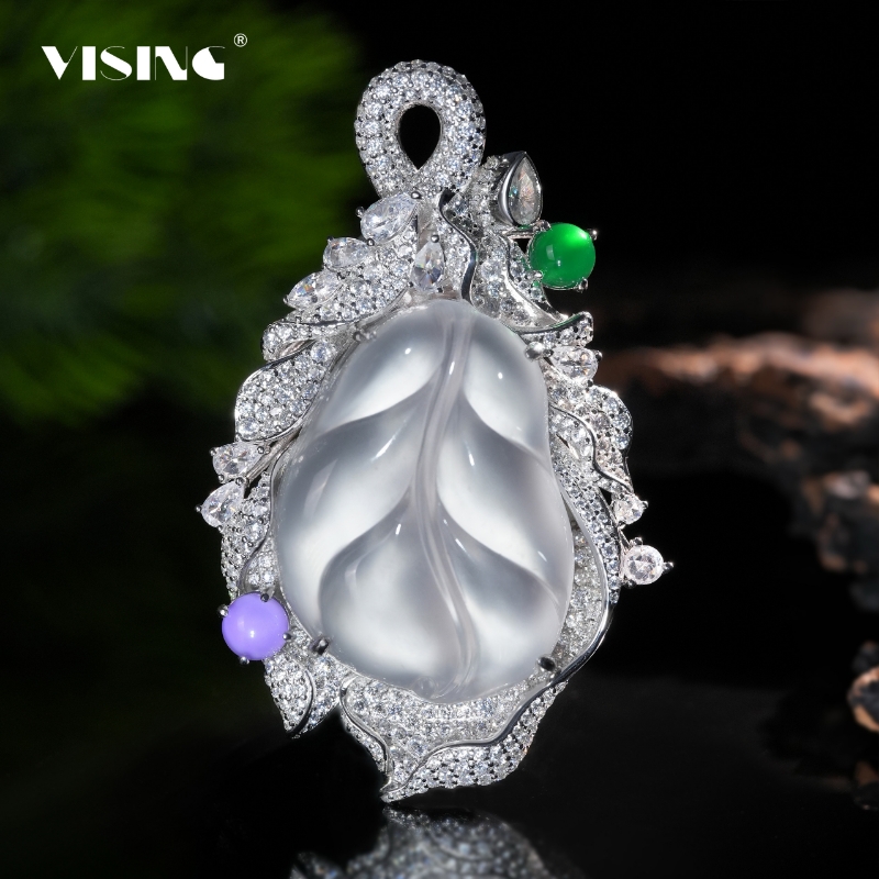 VISING珠宝天然水沫子石英质玉豪华白冰巨叶子重磅毛衣链项链爆闪