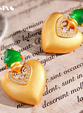 VISINGS925马料绿玉髓心心相印金色耳钉耳饰国风