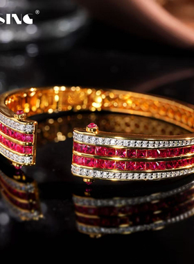 VISING珠宝培育红宝石无边拼钻工艺黄金色贵妃银手镯
