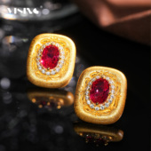 VISING培育红宝石 国检证书 2ct鸽血红拉丝黄金色耳钉耳饰S925