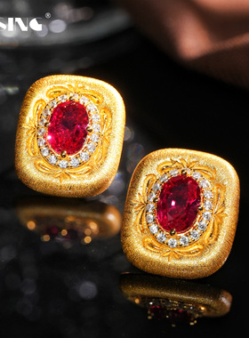 VISING培育红宝石【国检证书】2ct鸽血红拉丝黄金色耳钉耳饰S925