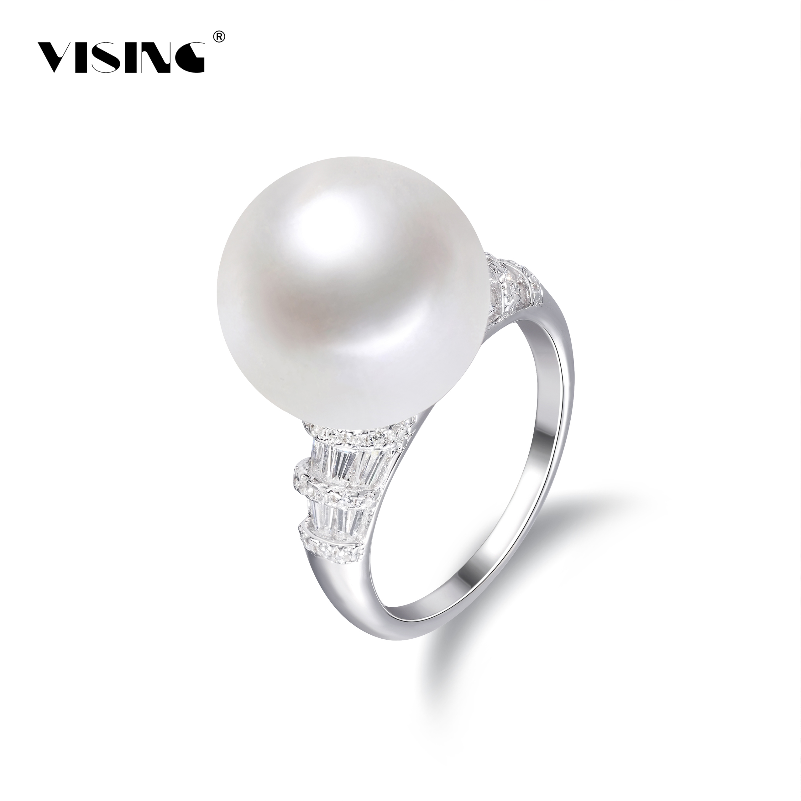 VISING珠宝14mm白贝珠贝壳珠简镶鸽子蛋戒指S925