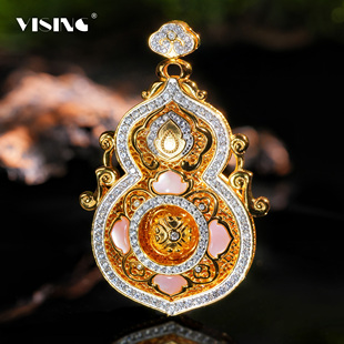 VISING珠宝金色四美葫芦吊坠项链毛衣链古法金贝母S925