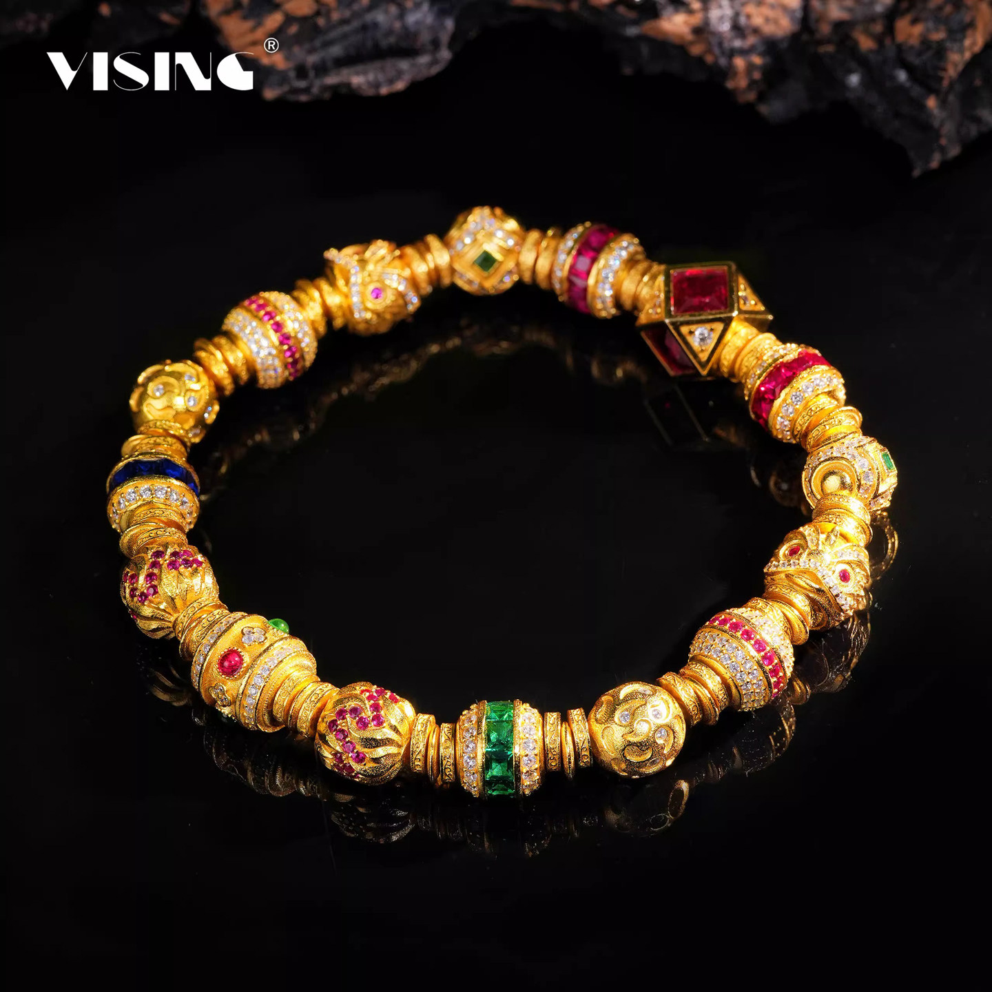 VISING珠宝培育红宝石【金盘缠】黄金色多宝多巴胺手串S925