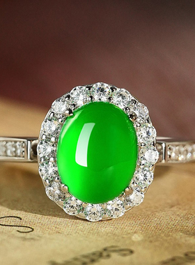 VISING马料绿玉髓戒指强莹光玛瑙鸽子蛋媲美冰种翡翠S925银