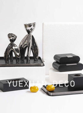 粤萱简约现代皮艺黑色纸巾盒收纳盒托盘摆件售楼处样板间酒店软装