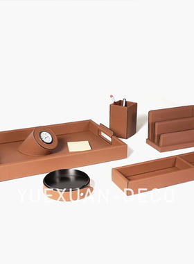 粤萱简约现代 皮革办公桌垫笔筒收纳盒纸篓摆件 售楼处样板间书房