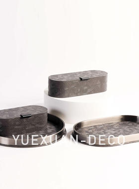 粤萱简约现代真皮五金托盘摆件样板间售楼处酒店会客厅软装摆设