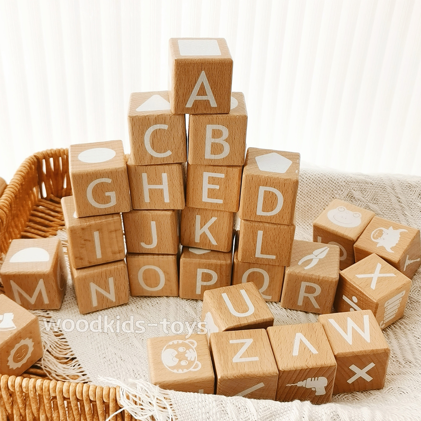 原木大颗粒字母积木宝宝摄影道具0到3岁数字方块早教认知多面玩具