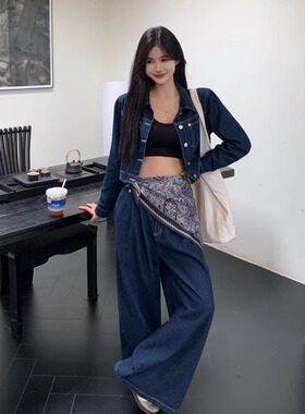 深蓝色套装翻领小个子甜酷辣妹牛仔高腰阔腿裤短外套女时尚两件套