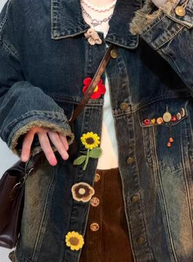 做旧水洗牛仔外套女花朵2025新款设计感宽松百搭休闲vintage夹克