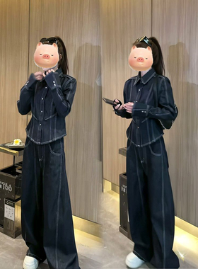 高级感明线设计气质收腰牛仔外套高腰牛仔长裤女套装2025春季新款