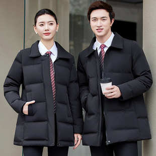 黑色中长款羽绒服女款冬季加厚职业工装金店珠宝店工作服棉服外套