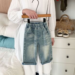 韩2025新款男童牛仔裤春款小童儿童裤子潮酷女春季女宝春装直筒裤