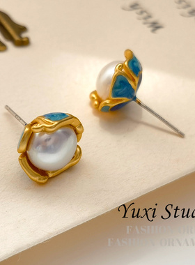 【格桑】Y家轻奢文艺复古蓝底花朵滴油耳钉高级感珍珠耳饰女