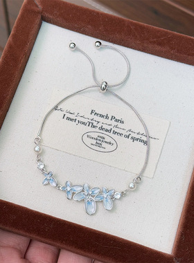 Y家原创浅蓝色珐琅渐变兰花锆石清新手链温婉小众精致ins风手饰