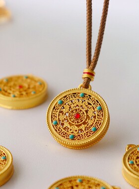 Yj家中式复古国风镂空圆盘毛衣链长款气质百搭精致金色长款项链