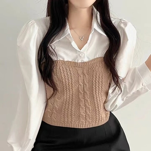韩国chic春季泡泡袖长袖假两件