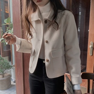 韩国chic秋冬法式 呢子外套 减龄纯色三粒扣气质翻领大口袋宽松短款