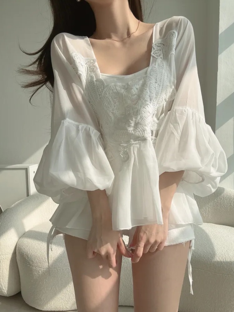 韩国chic夏季重工镂空蕾丝花边拼接气质方领灯笼袖雪纺衫女小个子
