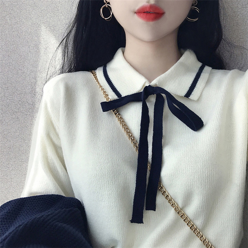 秋冬女裝韓版寬松蝴蝶結毛衣翻領套頭甜美長袖針織衫學生打底上衣