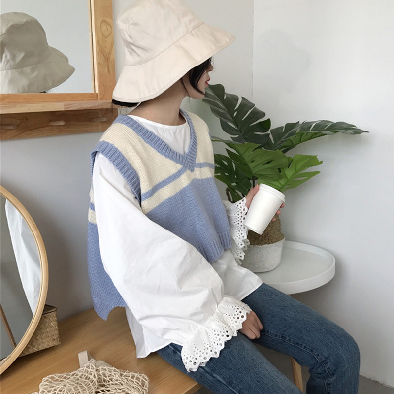 秋冬女裝新款韓版寬松短款V領毛衣馬甲外套女背心學生針織打底衫