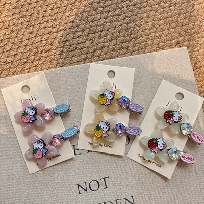 可爱花朵草莓水钻发夹卡通KT猫趣味鸭嘴夹小众清新发饰少女心边夹