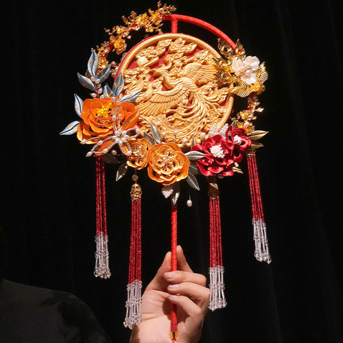 非遗缠花重工新中式团扇成品送新人出嫁新娘结婚喜扇子diy材料包