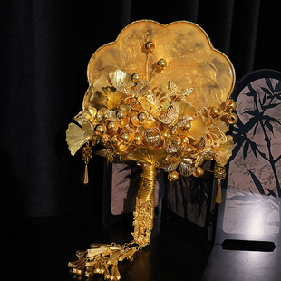 金色手捧花中式新娘闺蜜送礼团扇晨袍团扇送女友结婚礼物diy权杖