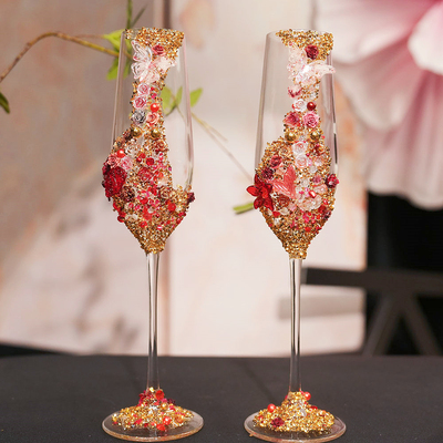 香槟杯高脚杯子一对手工敬酒杯diy材料蝴蝶装饰结婚订婚礼物新婚
