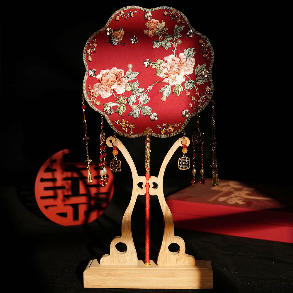 刺绣双面重工绢丝扇面新娘团扇diy材料包结婚送礼成品结婚团扇