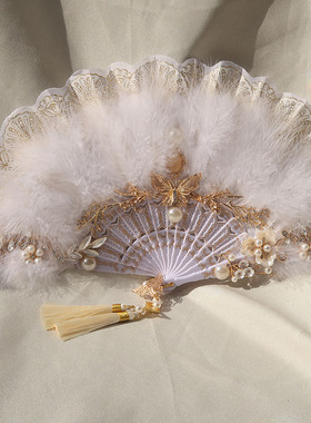 晚吟原创 洛丽塔新款古典羽毛折扇甜美仙气少女Lolit宫廷扇摆拍